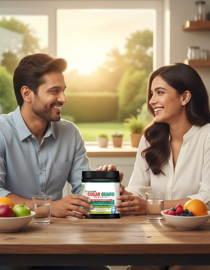 Young couple sharing a moment of wellness at the breakfast table with StudForce Sugar Guard