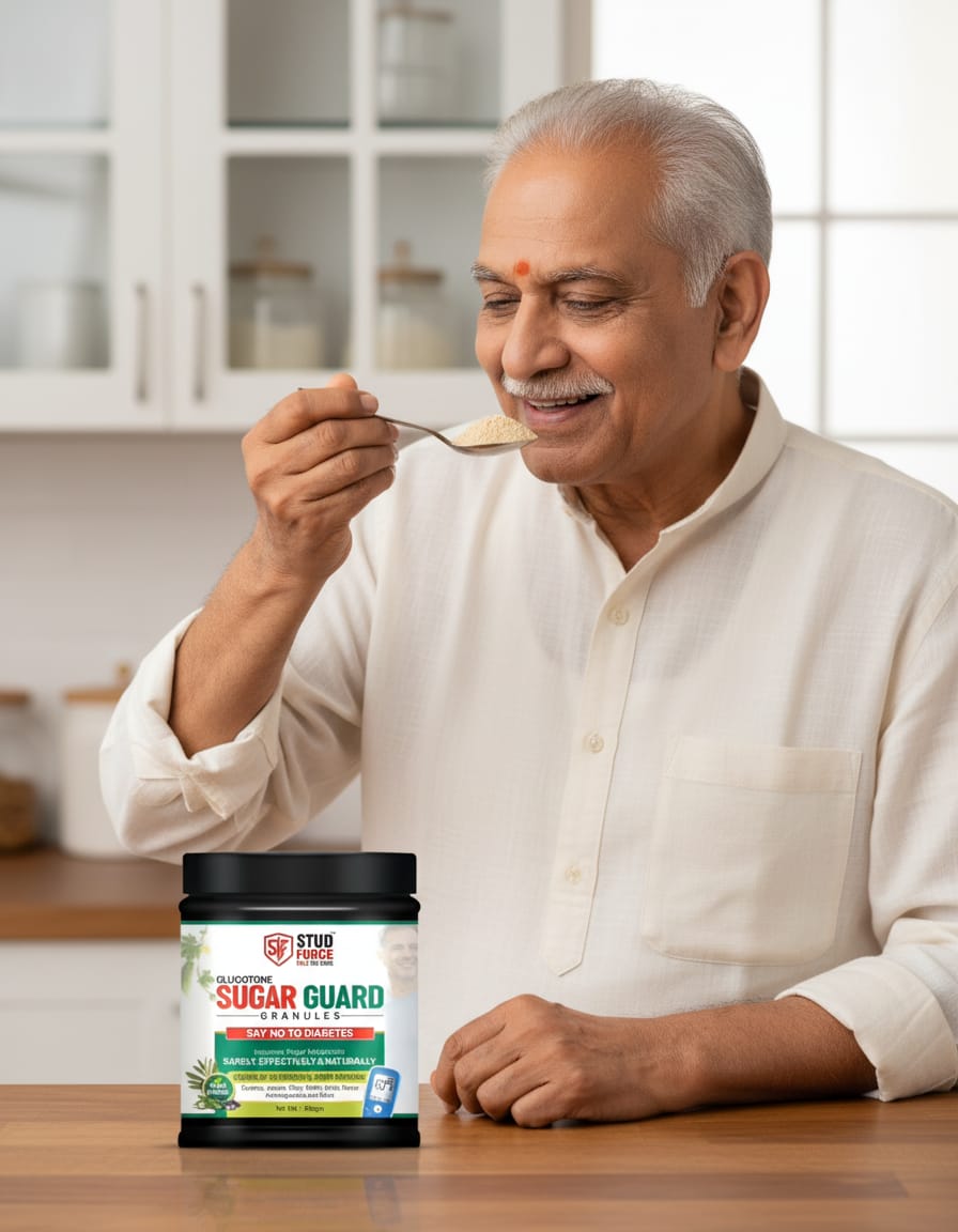 Elderly man taking granules